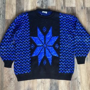 Vintage 80s GFC Snowflake Ski Metallic Sweater Made USA NY Acrylic Blue & Black